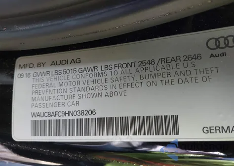 2017 Audi A6 2.0T Premium z USA, uszkodzony, nr VIN WAUC8AFC9HN038206